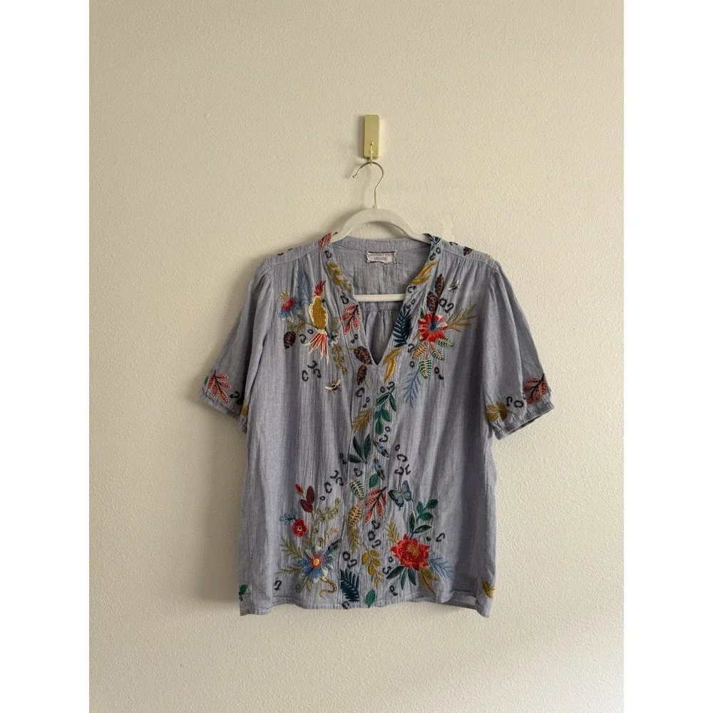 Johnny Was Indraa Puff Sleeve Popover Blouse Sz XS/S‎ Floral Tiger Embroidered